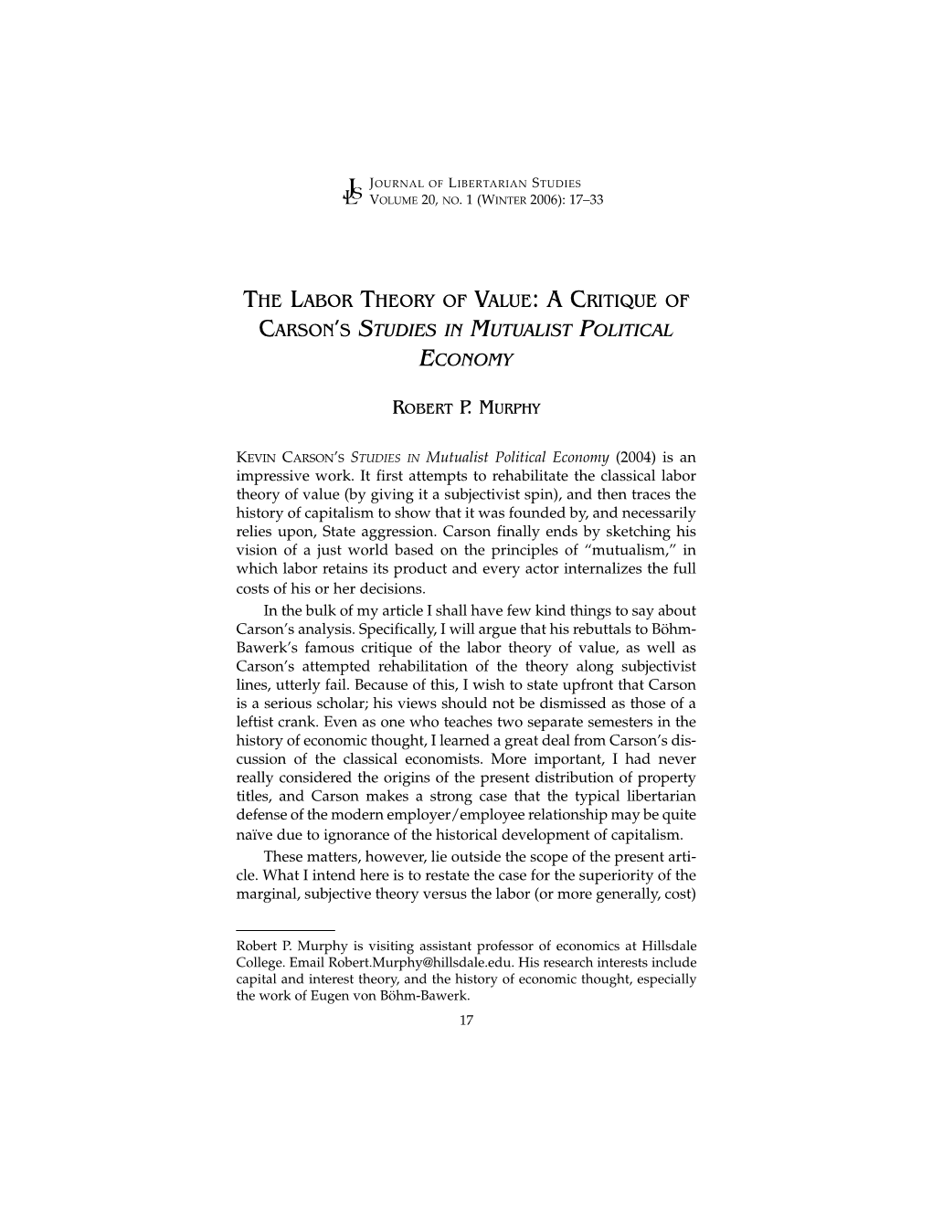 The Labor Theory of Value: a Critique of Carson’S Studies in Mutualist Political Economy