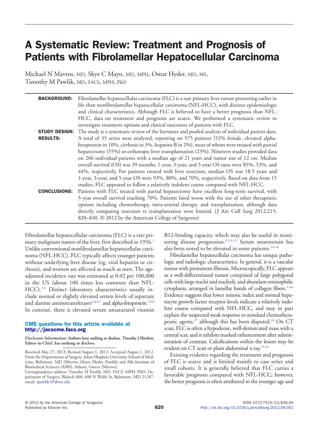 Treatment and Prognosis of Patients with Fibrolamellar Hepatocellular Carcinoma