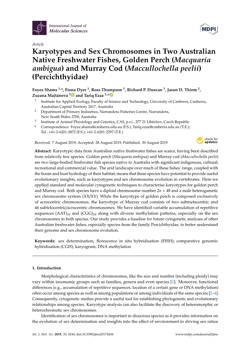 Karyotypes and Sex Chromosomes in Two Australian Native Freshwater Fishes, Golden Perch (Macquaria Ambigua) and Murray Cod (Maccullochella Peelii) (Percichthyidae)