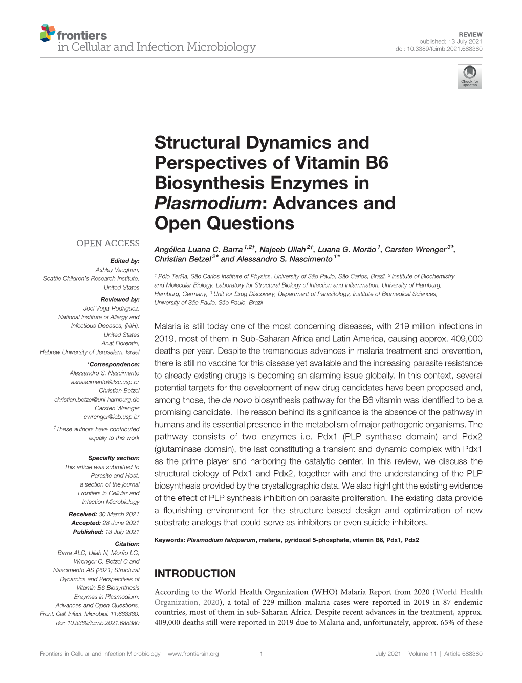 Structural Dynamics and Perspectives of Vitamin B6 Biosynthesis Enzymes in Plasmodium: Advances and Open Questions
