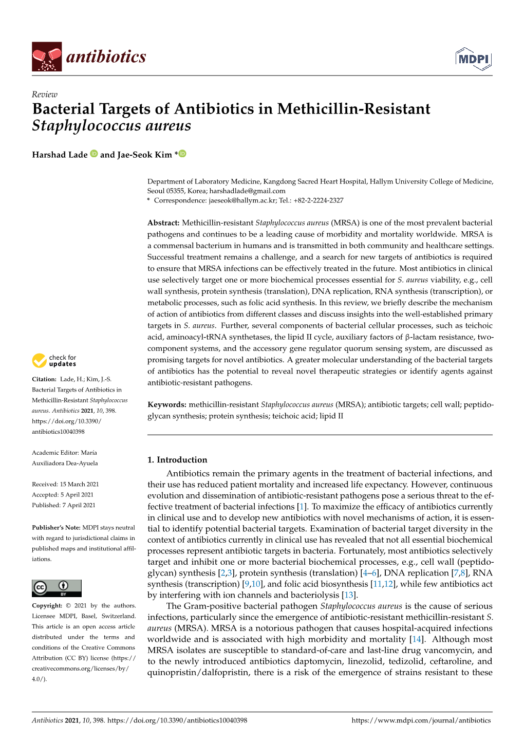 Bacterial Targets of Antibiotics in Methicillin-Resistant Staphylococcus Aureus