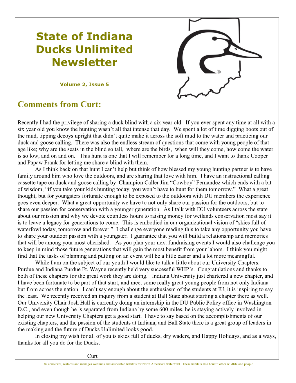 State of Indiana Ducks Unlimited Newsletter