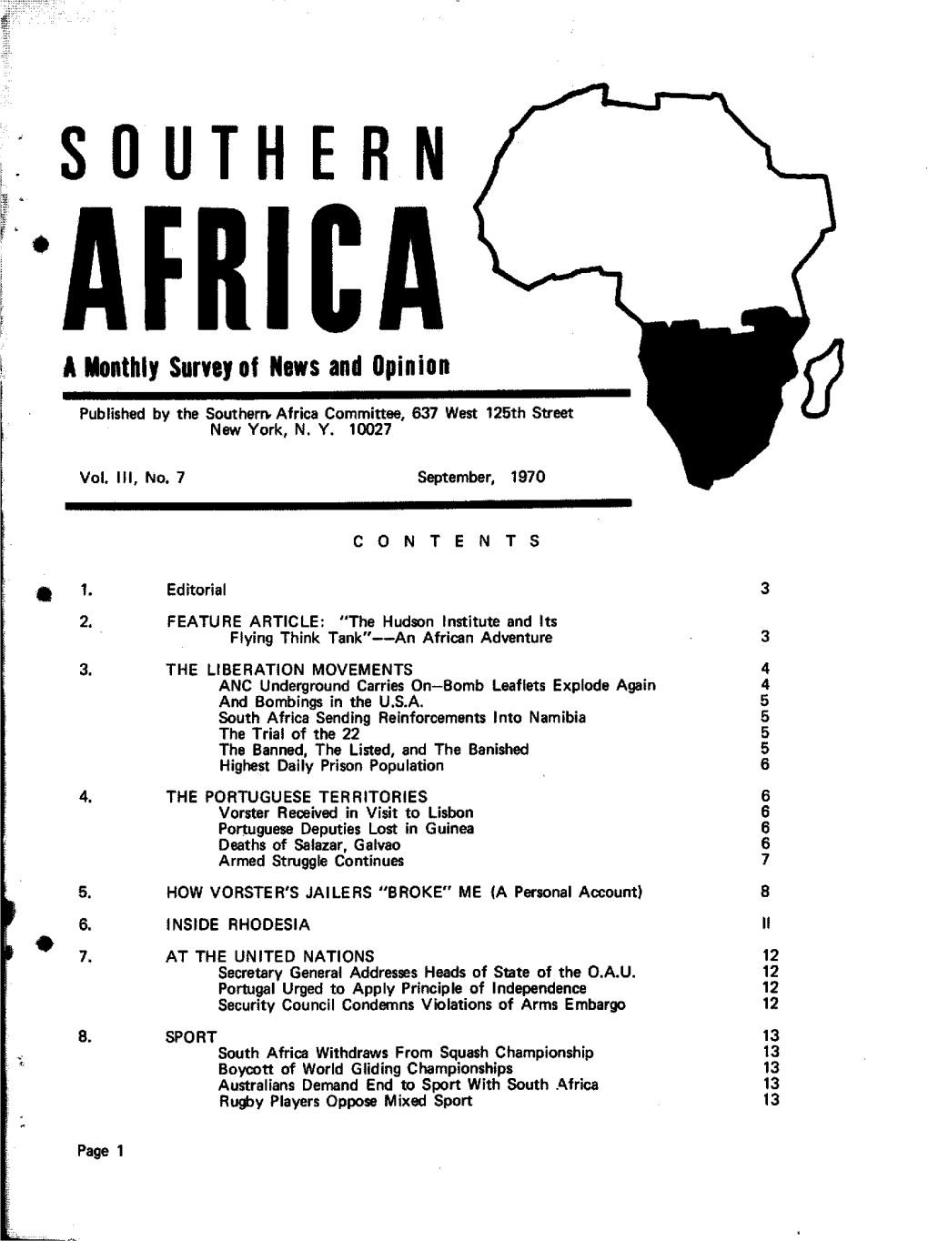 SOUTH ERN *AFRICA Amonthly Survey of News and Opinion