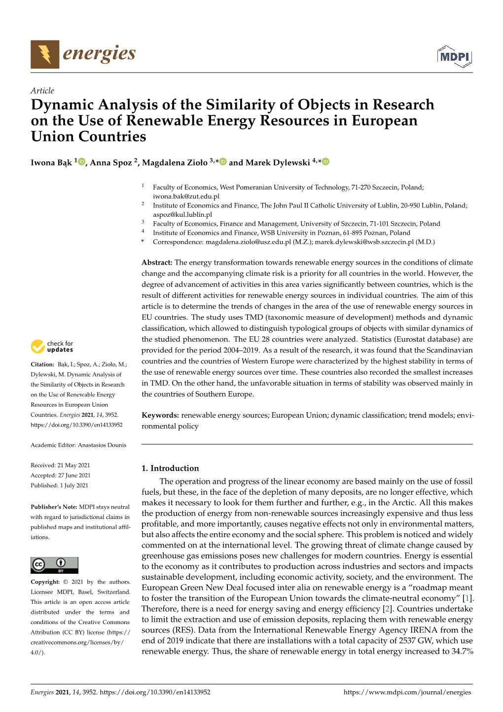 Dynamic Analysis of the Similarity of Objects in Research on the Use of Renewable Energy Resources in European Union Countries