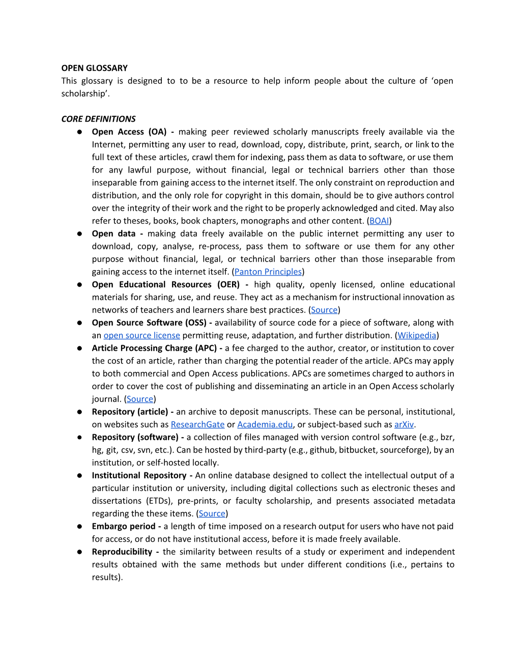 OPEN GLOSSARY This Glossary Is Designed to to Be a Resource to Help Inform People About the Culture of 'Open Scholarship'