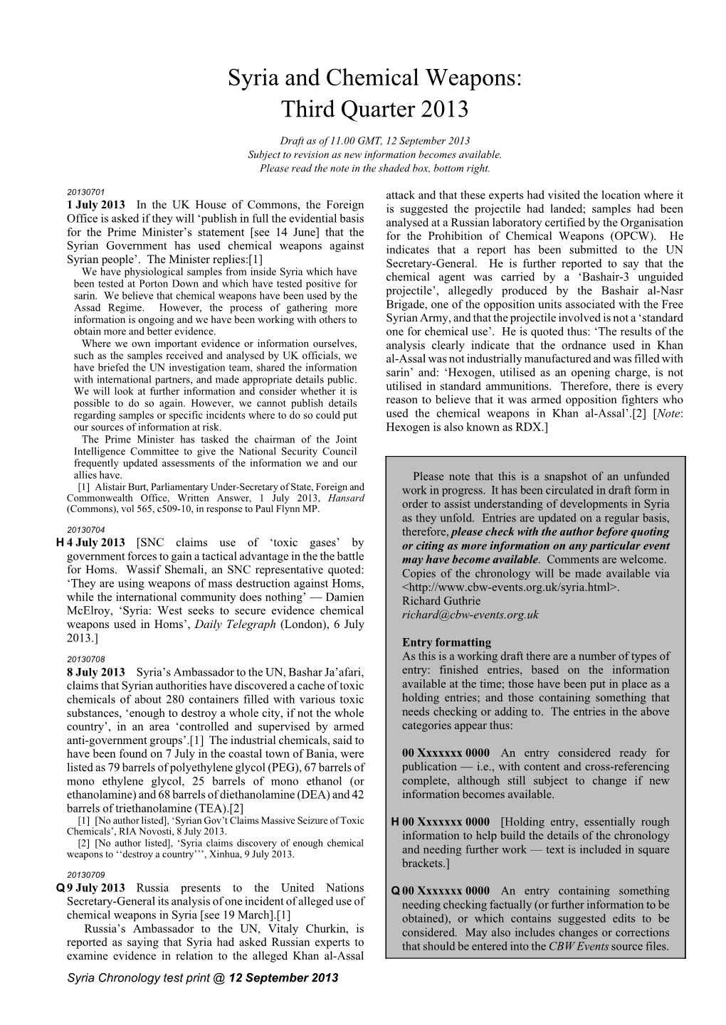 Syria and Chemical Weapons: Third Quarter 2013