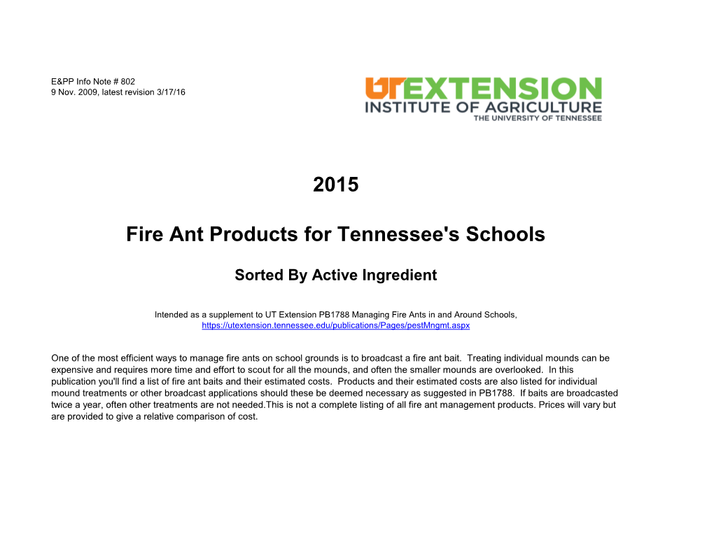 2015 Fire Ant Products for Tennessee's Schools