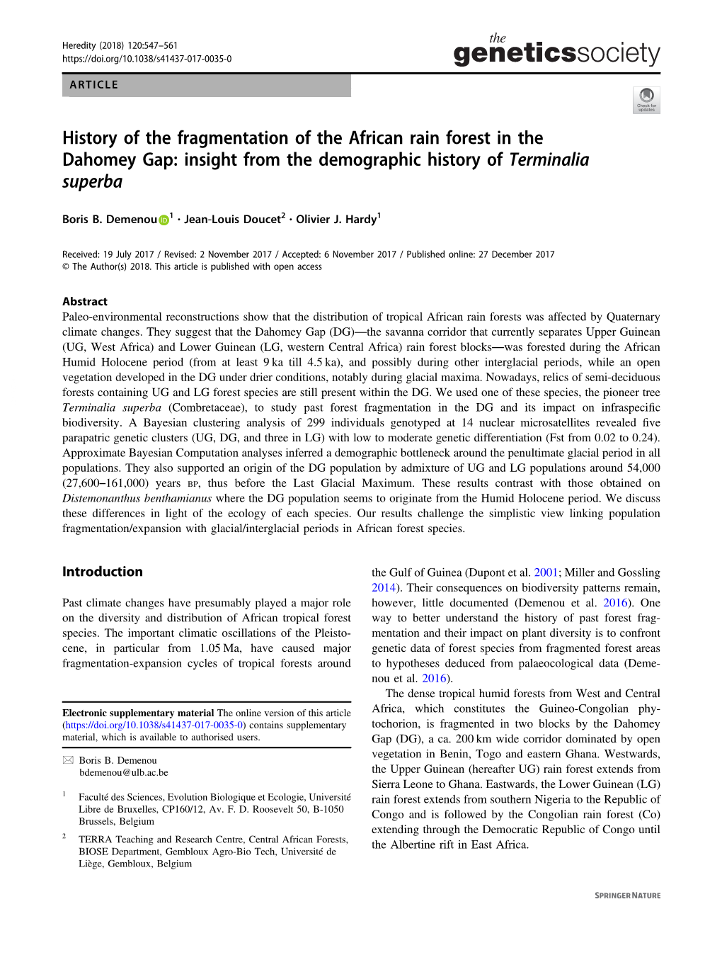 History of the Fragmentation of the African Rain Forest in the Dahomey Gap: Insight from the Demographic History of Terminalia Superba