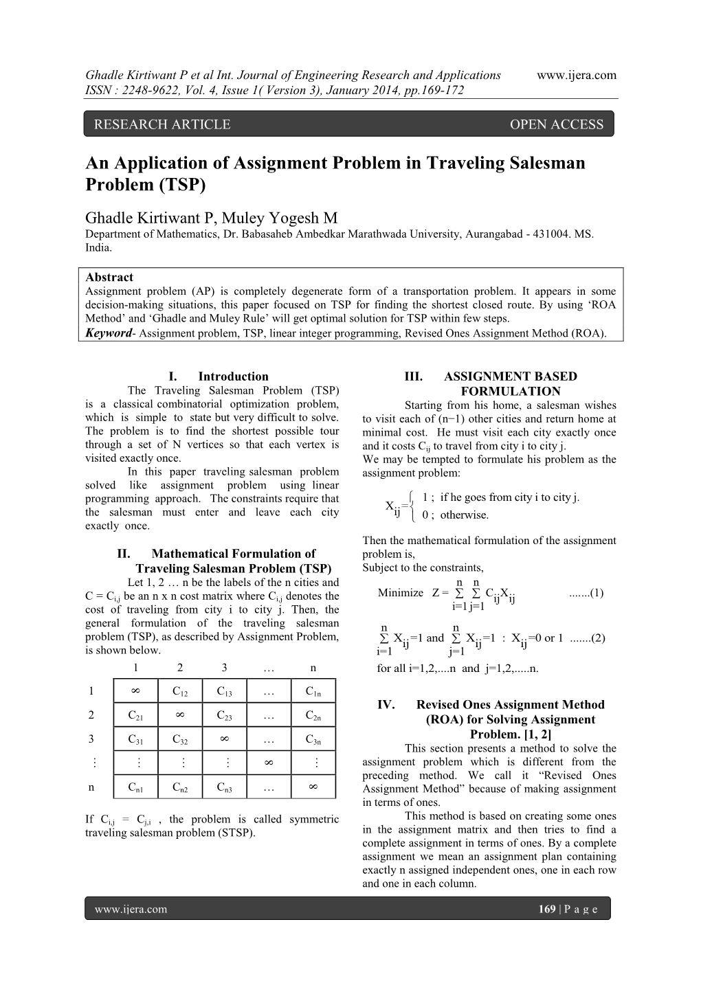 An Application of Assignment Problem in Traveling Salesman Problem (TSP)