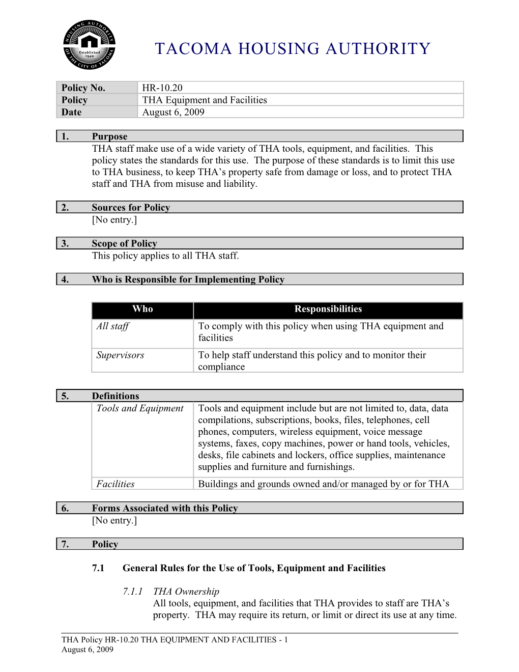 THA Form 10 20 Equipment and Facilities