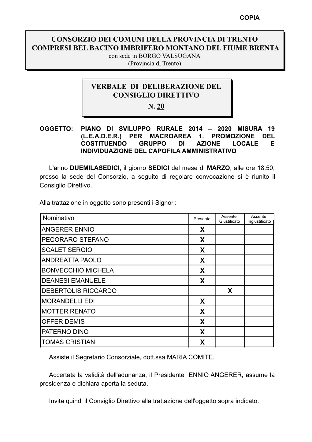 Delibera C.D. N. 20 Dd. 16.03.2016