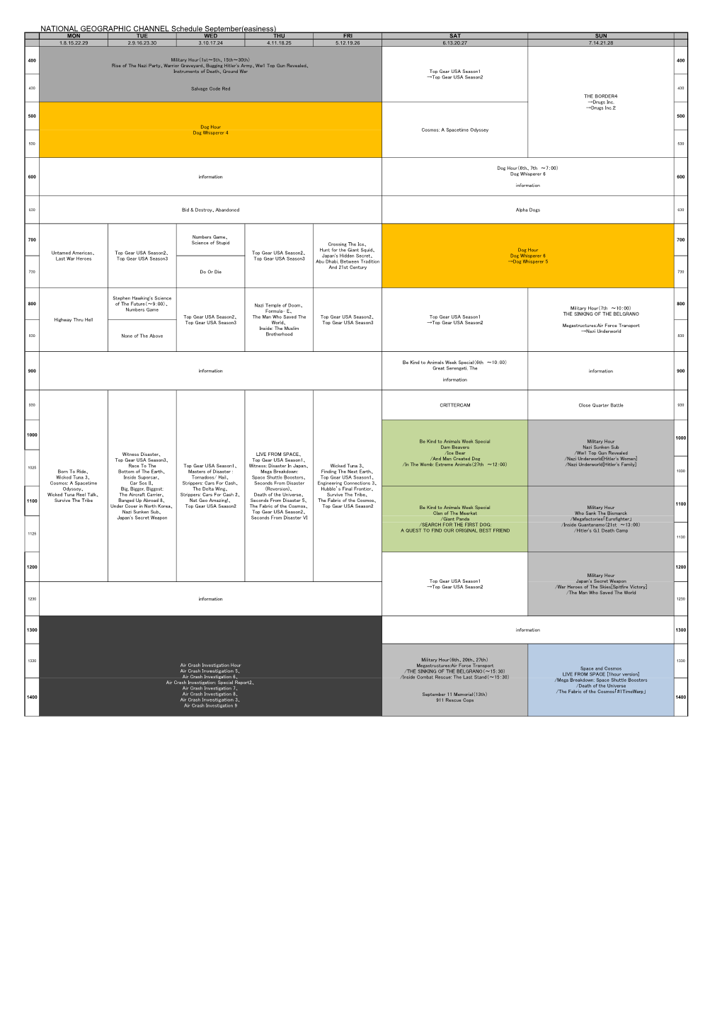 NATIONAL GEOGRAPHIC CHANNEL Schedule October(Easiness)