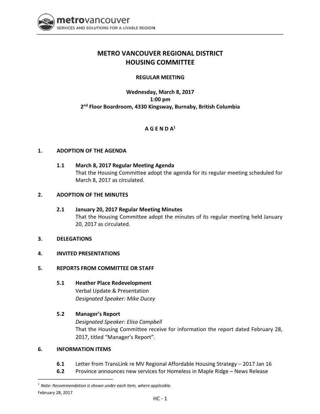 Housing Committee Regular Agenda March 8, 2017 Agenda Page 2 of 2