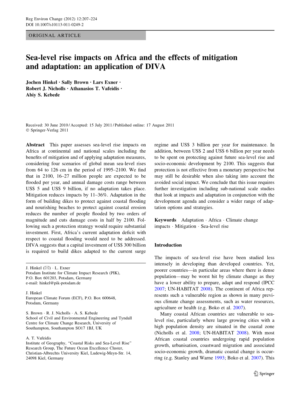 Sea-Level Rise Impacts on Africa and the Effects of Mitigation and Adaptation: an Application of DIVA