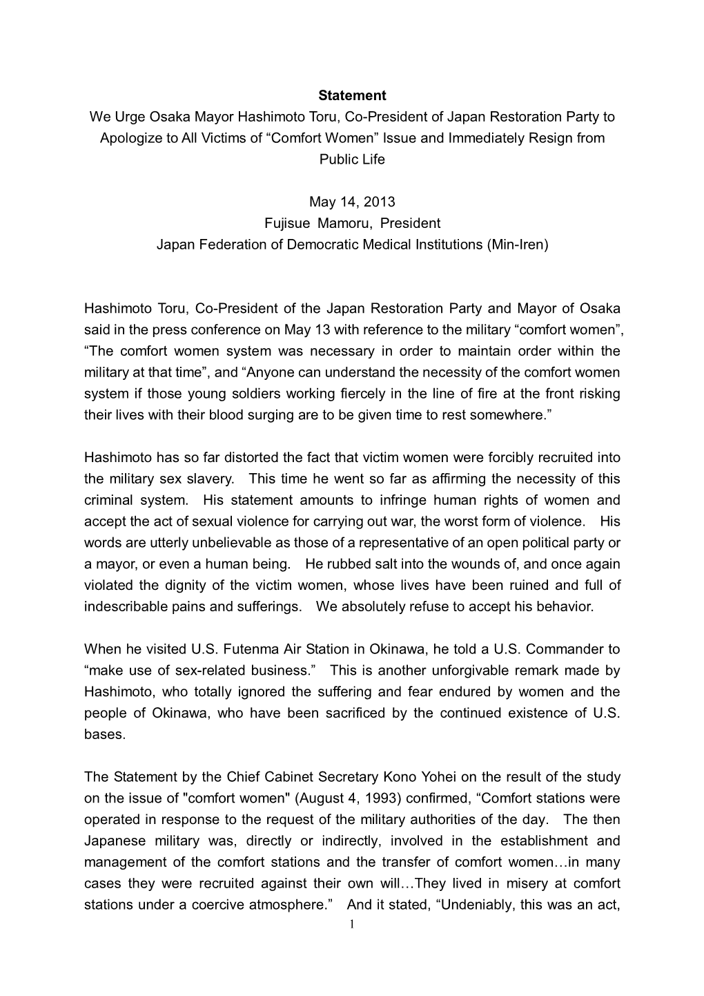 Statement We Urge Osaka Mayor Hashimoto Toru, Co-President Of
