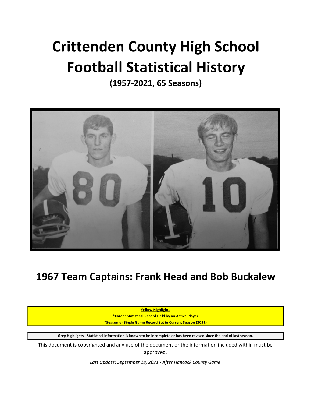 Football Statistical History Crittenden County High School