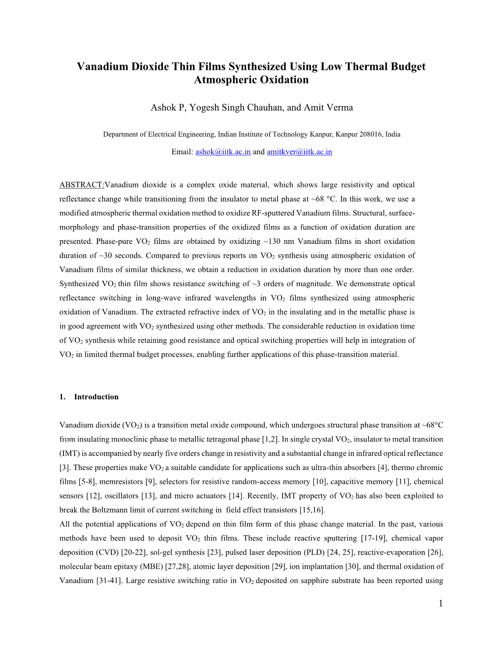 Vanadium Dioxide Thin Films Synthesized Using Low Thermal Budget Atmospheric Oxidation