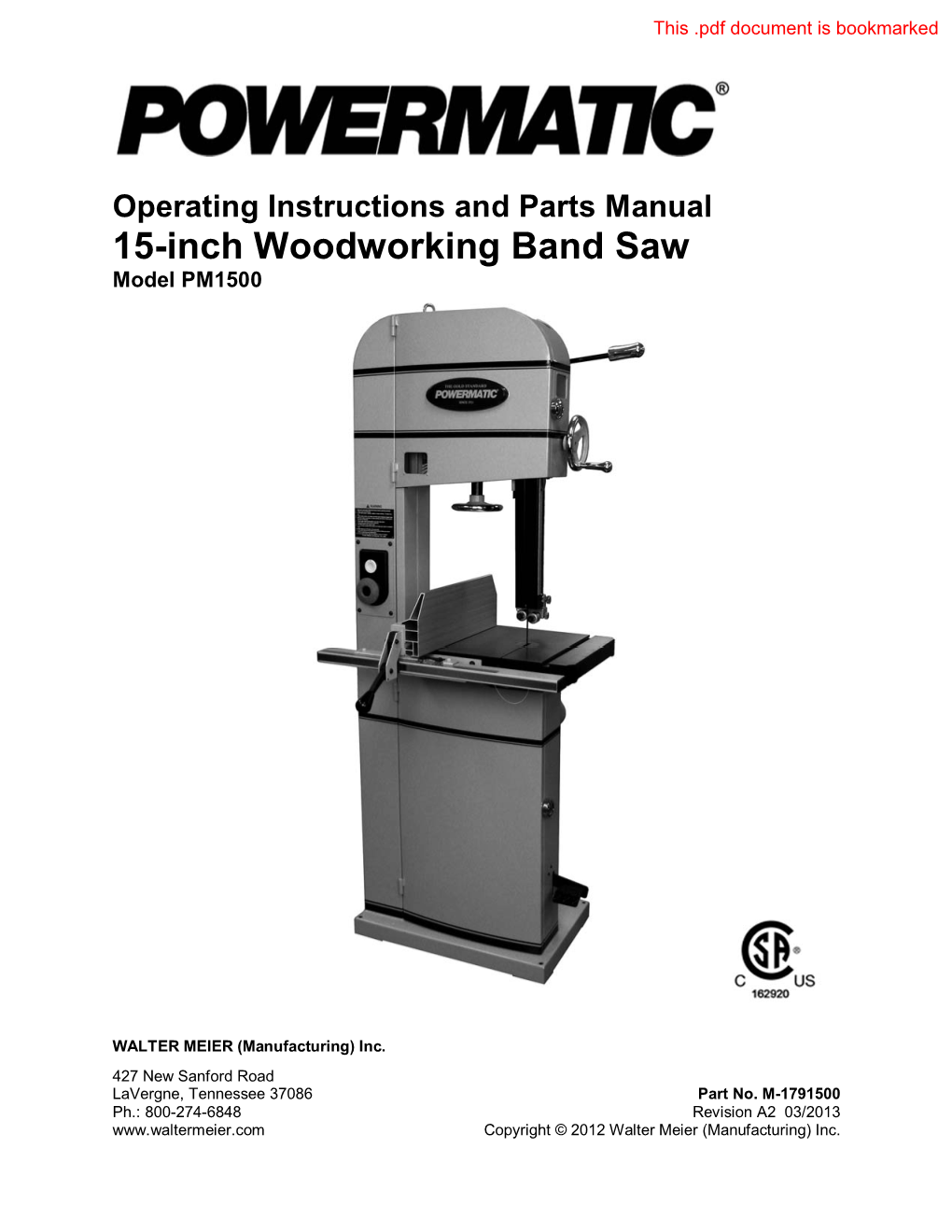 15-Inch Woodworking Band Saw Model PM1500