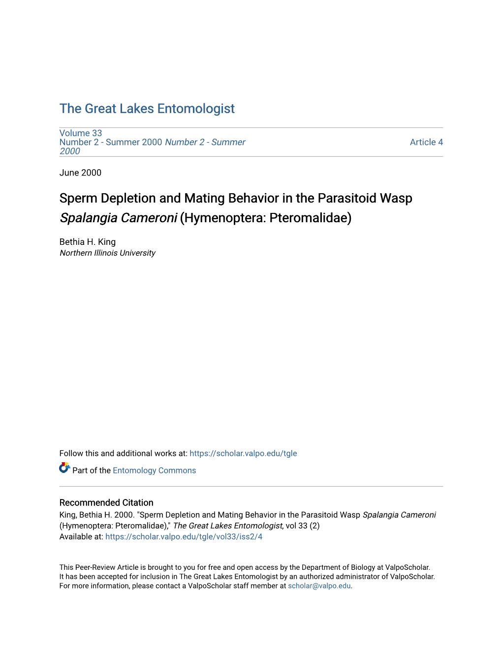 Sperm Depletion and Mating Behavior in the Parasitoid Wasp Spalangia Cameroni (Hymenoptera: Pteromalidae)