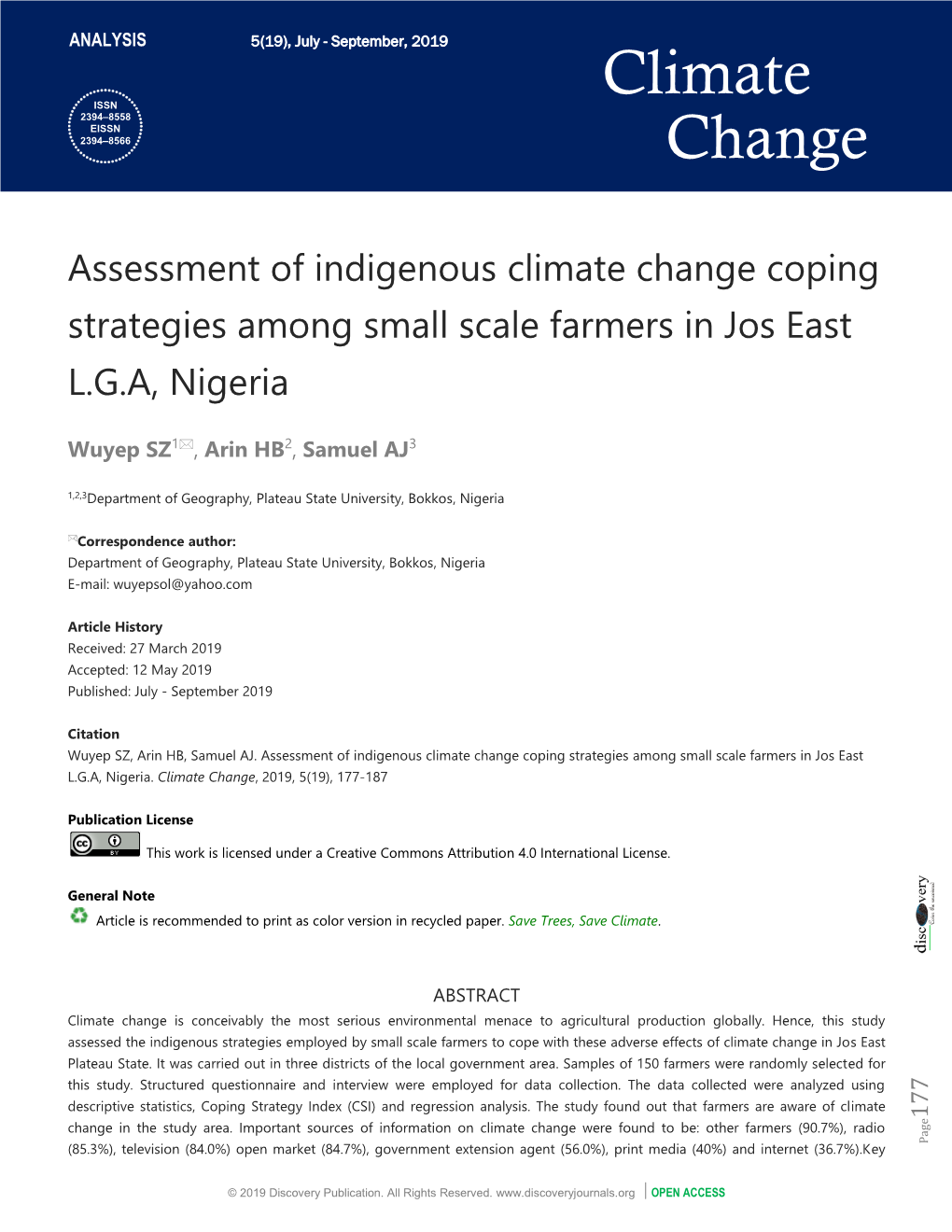 Climate Change Coping Strategies Among Small Scale Farmers in Jos East L.G.A, Nigeria