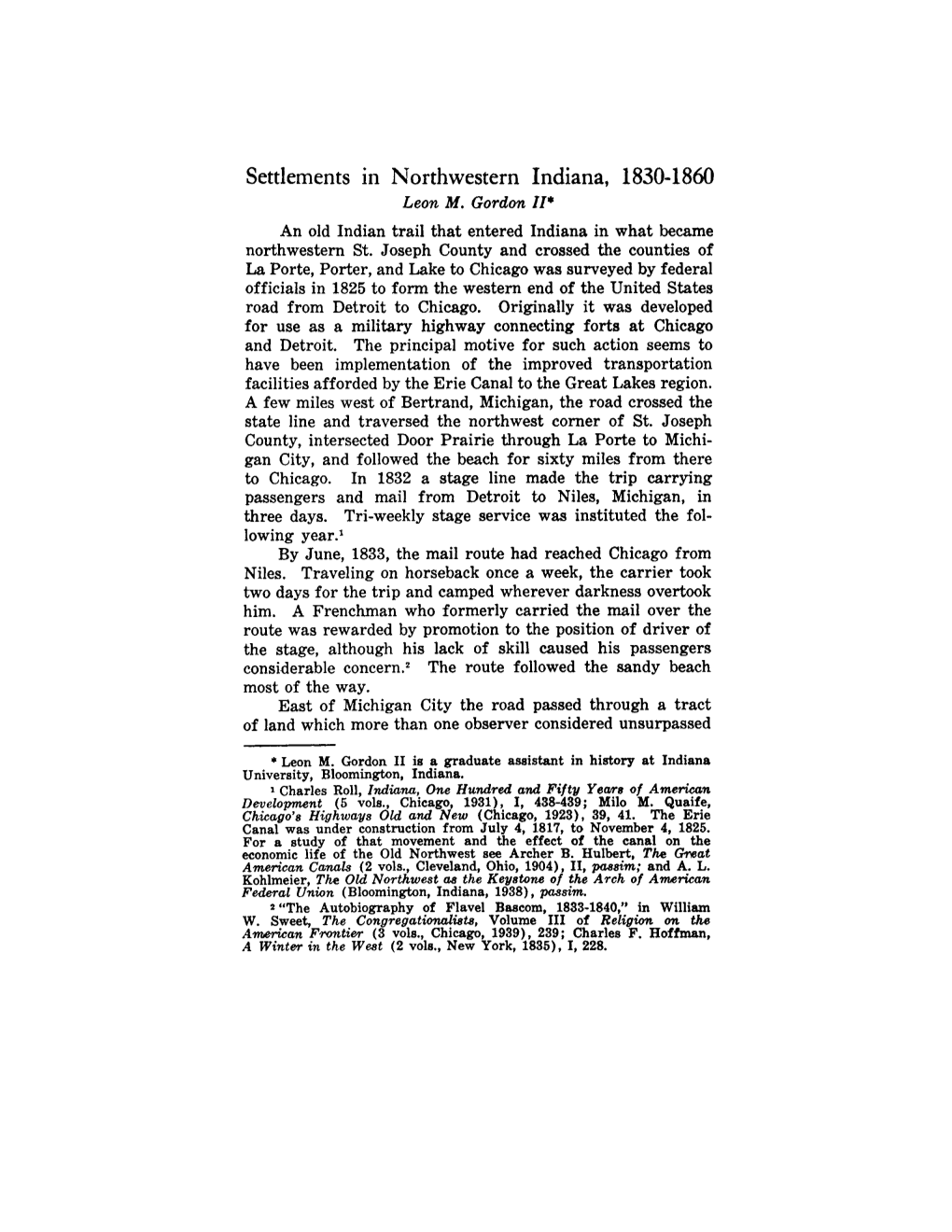 Settlements in Northwestern Indiana, 1830-1860 Leon M