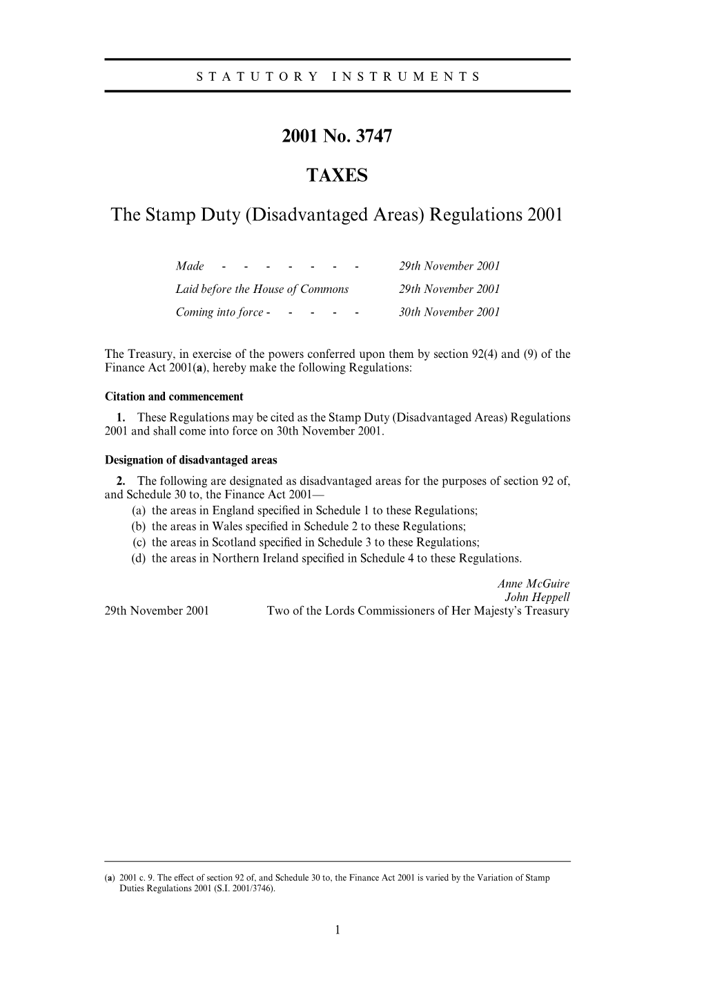 2001 No. 3747 TAXES the Stamp Duty