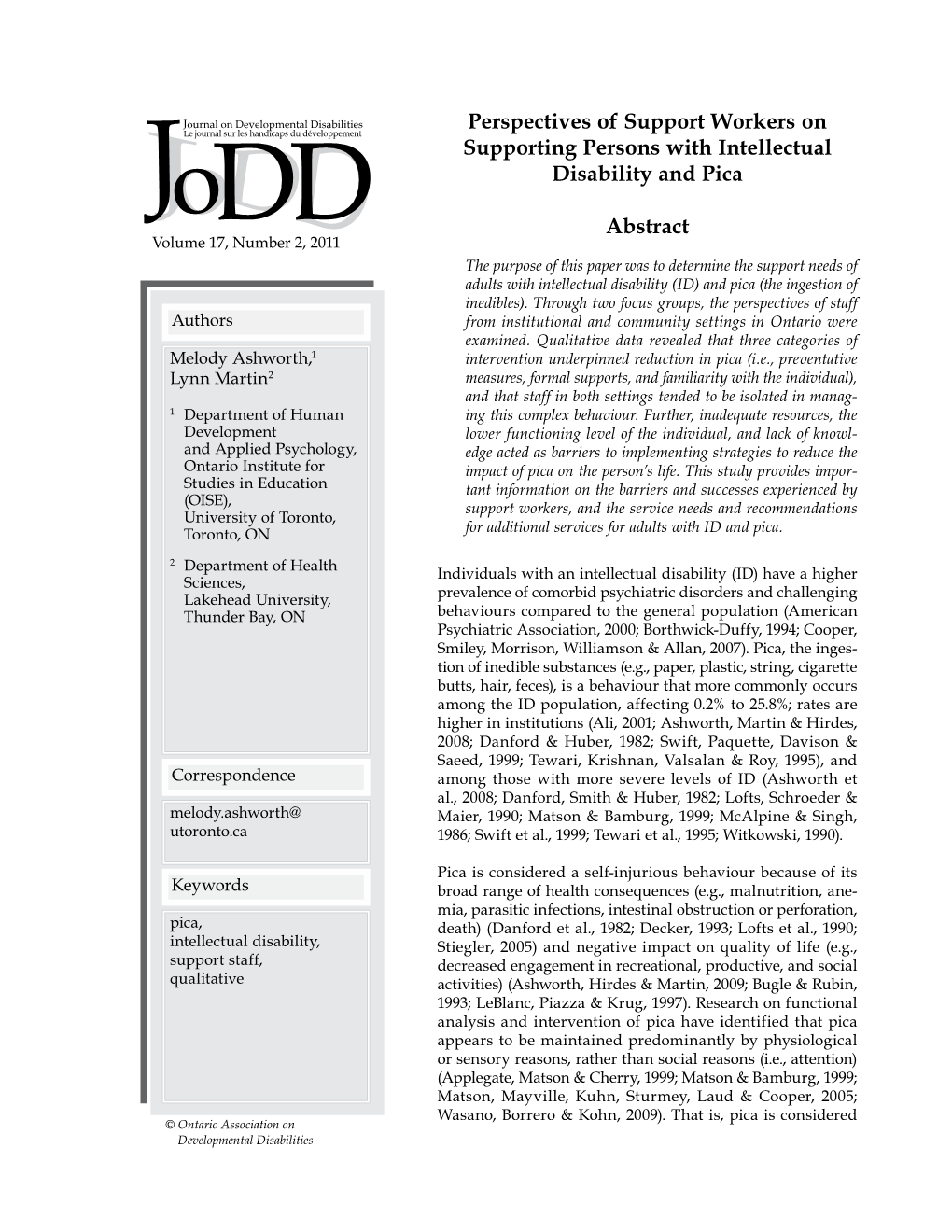 Perspectives of Support Workers on Supporting Persons with Intellectual Disability and Pica