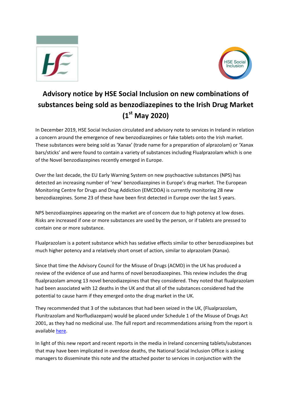 Advisory Notice by HSE Social Inclusion on New Combinations of Substances Being Sold As Benzodiazepines to the Irish Drug Market (1St May 2020)