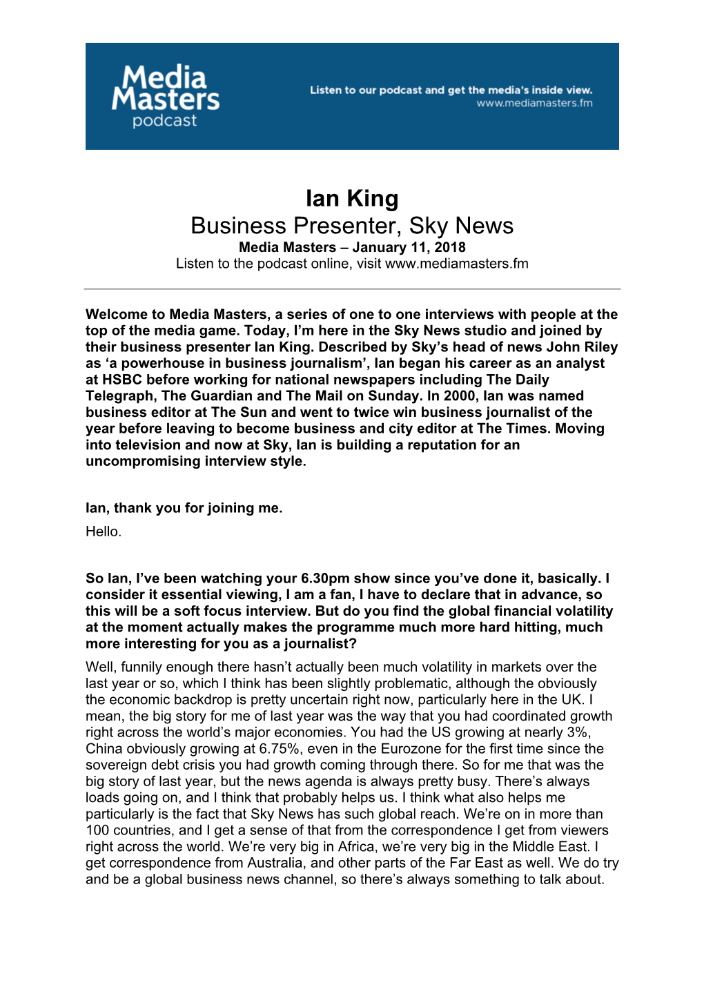 Ian King Business Presenter, Sky News