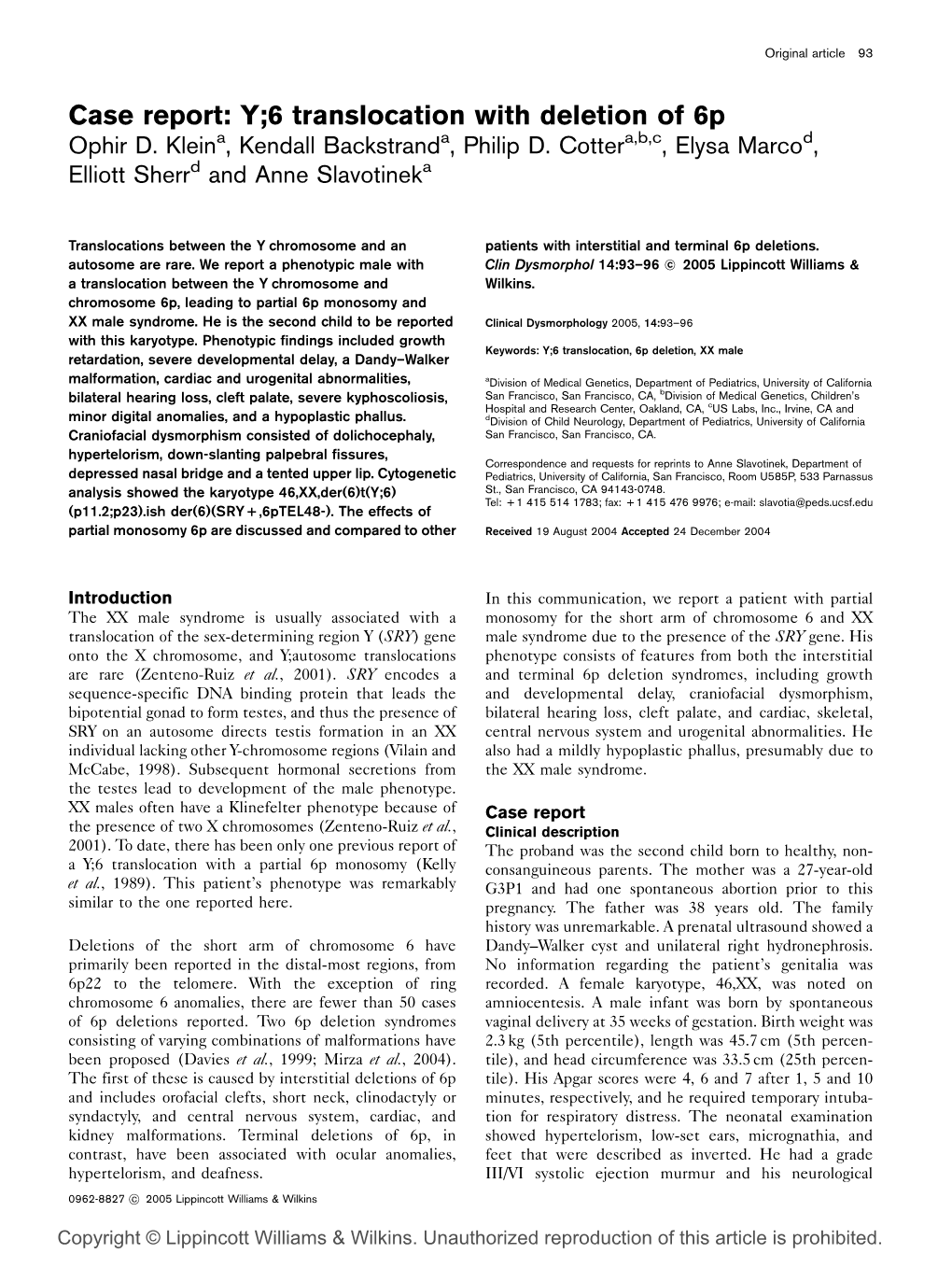 Case Report: Y;6 Translocation with Deletion of 6P Ophir D