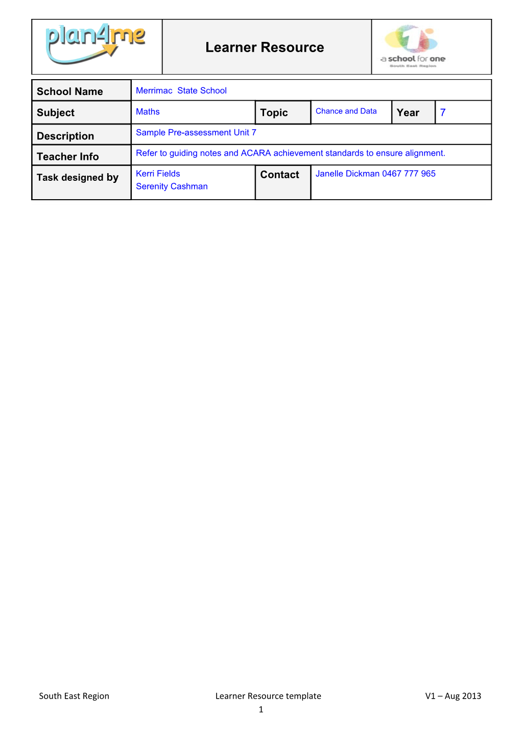 Year 7 Unit 7 Chance and Data Pre-Assessment