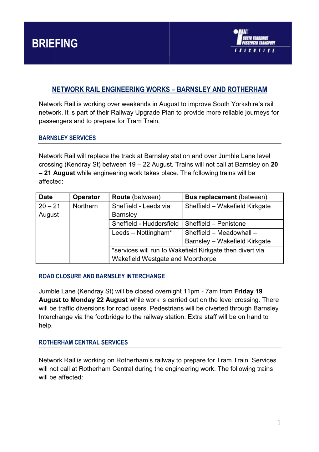 Network Rail Engineering Works – Barnsley and Rotherham