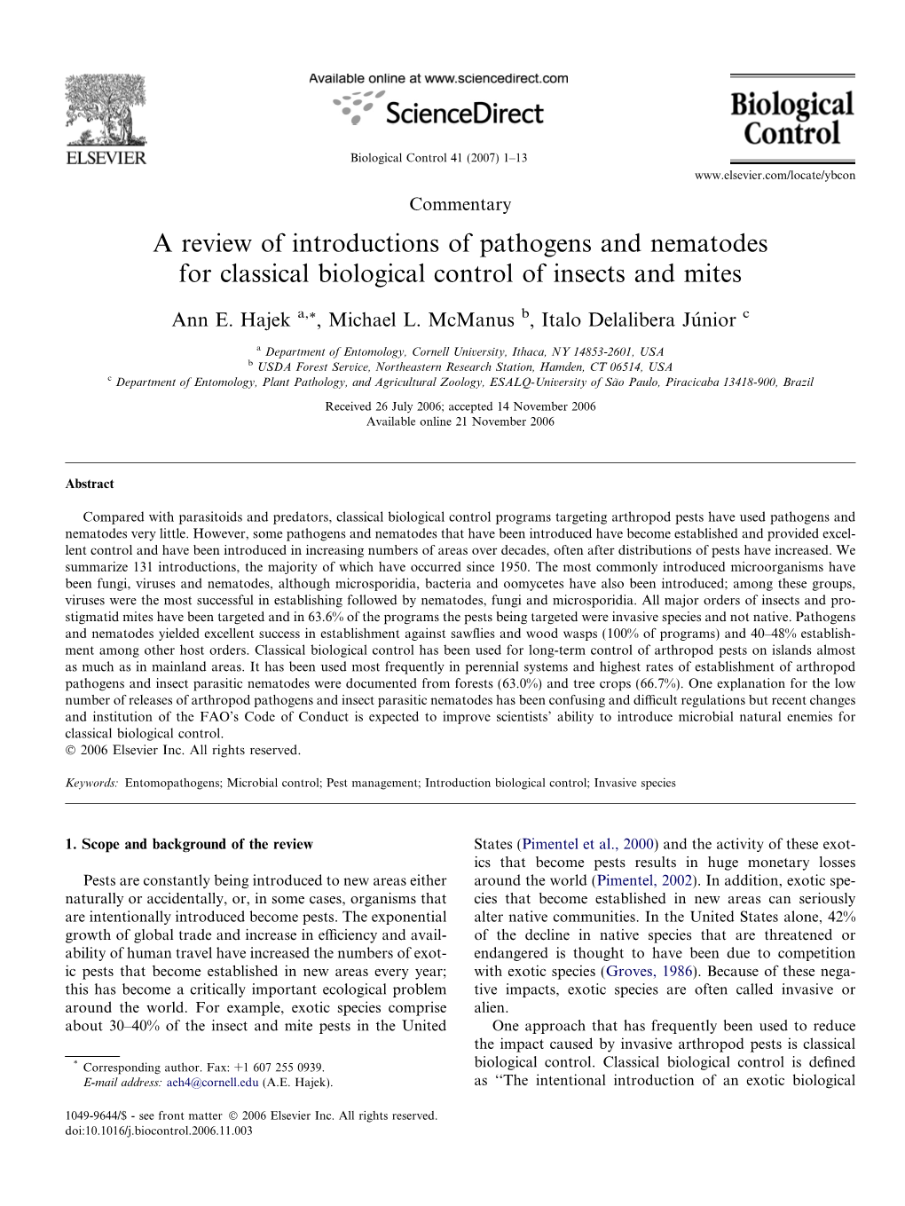 A Review of Introductions of Pathogens and Nematodes for Classical Biological Control of Insects and Mites