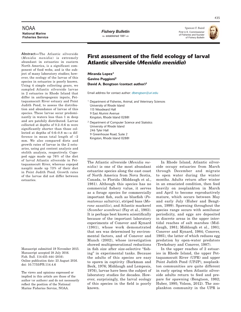 NOAA First Assessment of the Field Ecology of Larval Atlantic Silverside (Menidia Menidia)