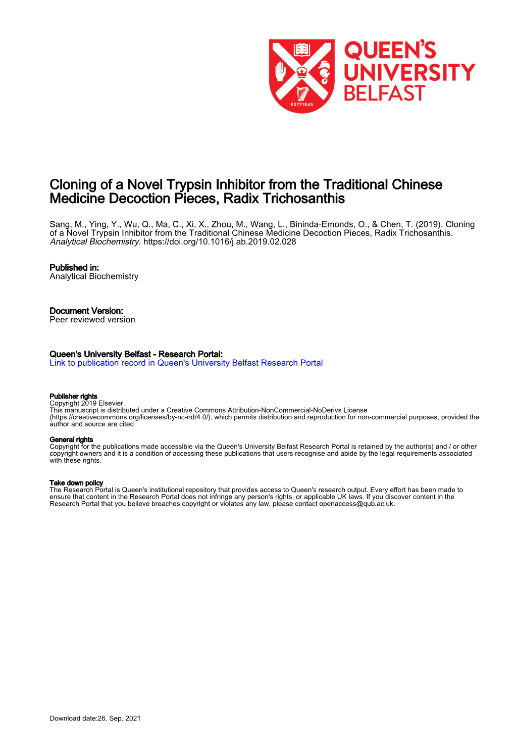 Cloning of a Novel Trypsin Inhibitor from the Traditional Chinese Medicine Decoction Pieces, Radix Trichosanthis