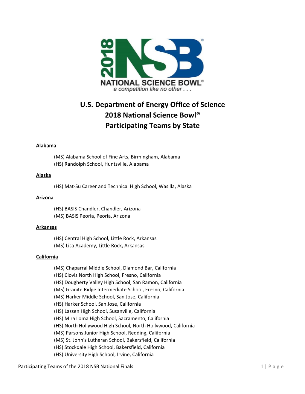 U.S. Department of Energy Office of Science 2018 National Science Bowl® Participating Teams by State