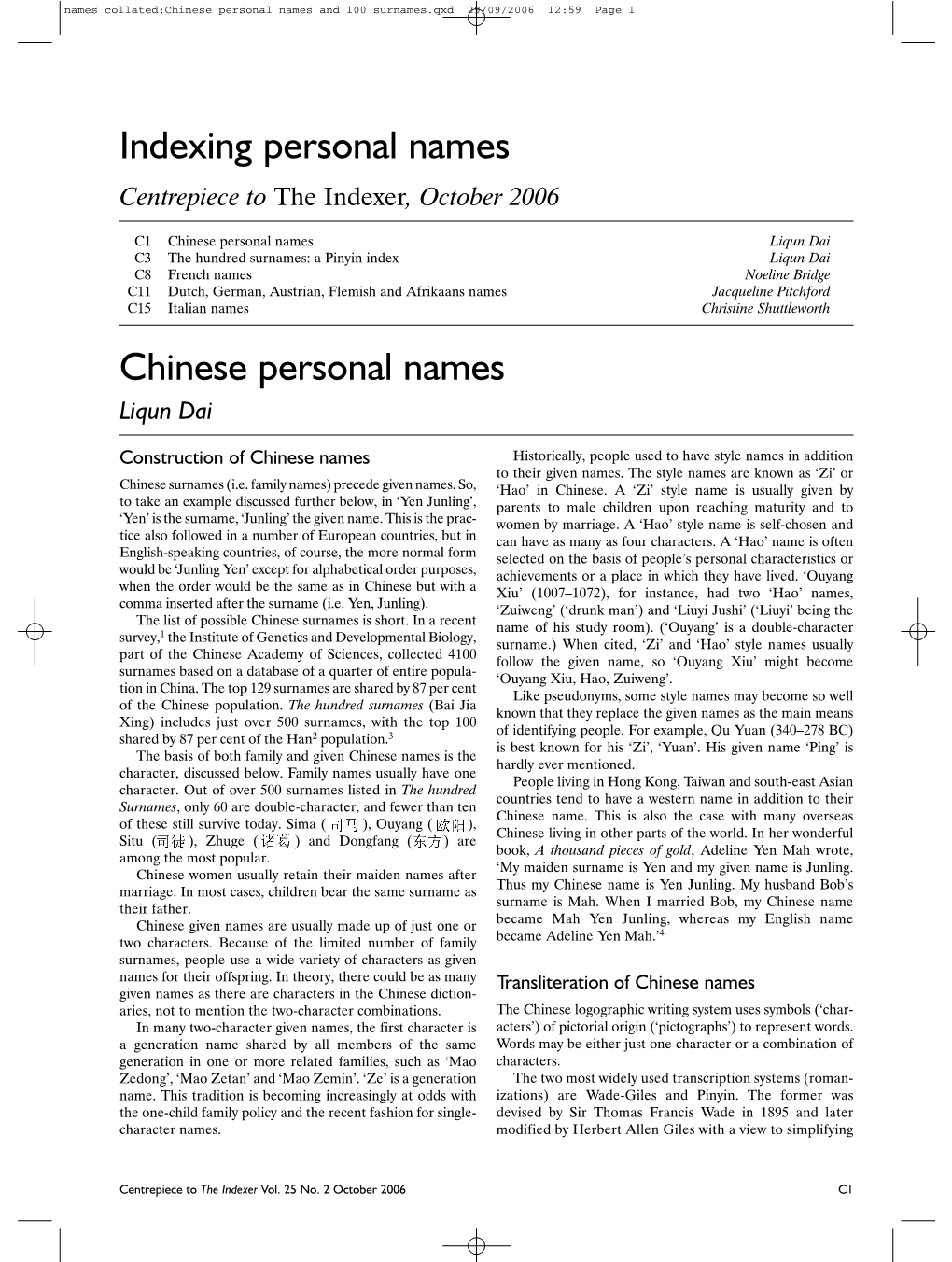 Chinese Personal Names and 100 Surnames.Qxd 29/09/2006 12:59 Page 1