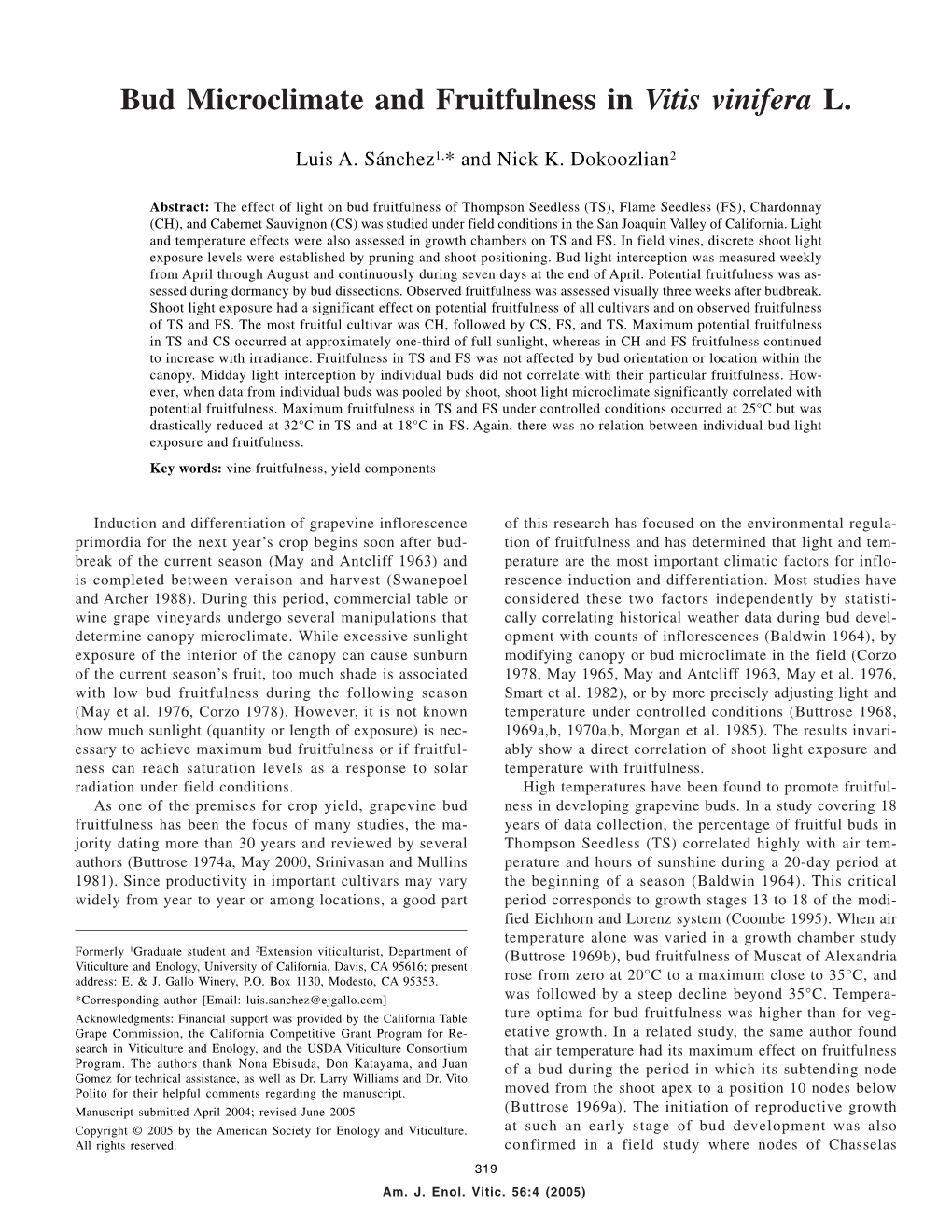 Bud Microclimate and Fruitfulness in Vitis Vinifera L