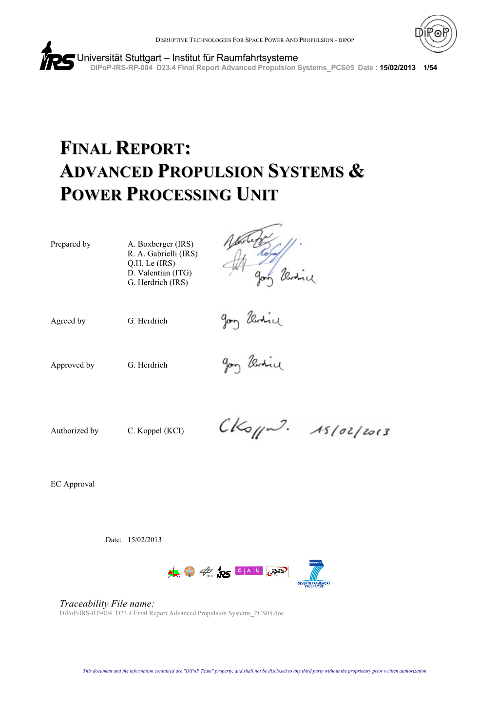 23.4 Final Report Advanced Propulsion Systems PCS05 Date : 15/02/2013 1/54