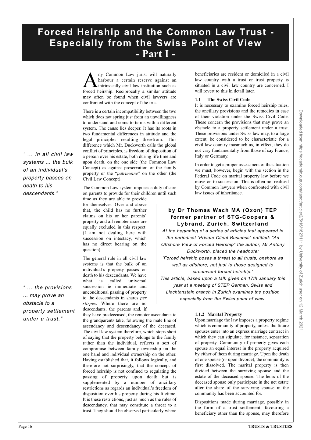 Wach Forced Heirship and the Common Law Trust