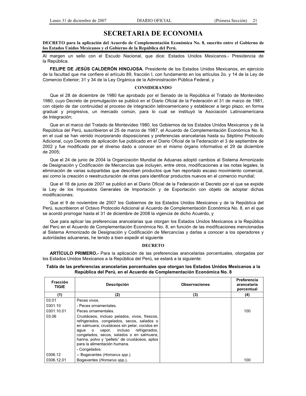 SECRETARIA DE ECONOMIA DECRETO Para La Aplicación Del Acuerdo De Complementación Económica No