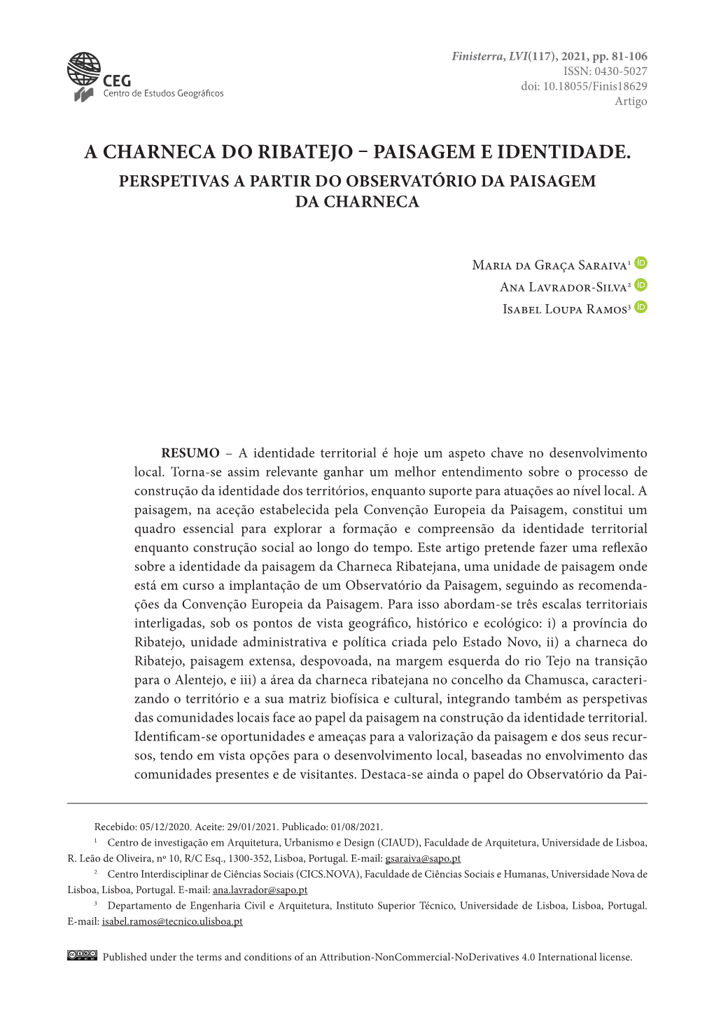 A Charneca Do Ribatejo – Paisagem E Identidade. Perspetivas a Partir Do Observatório Da Paisagem Da Charneca