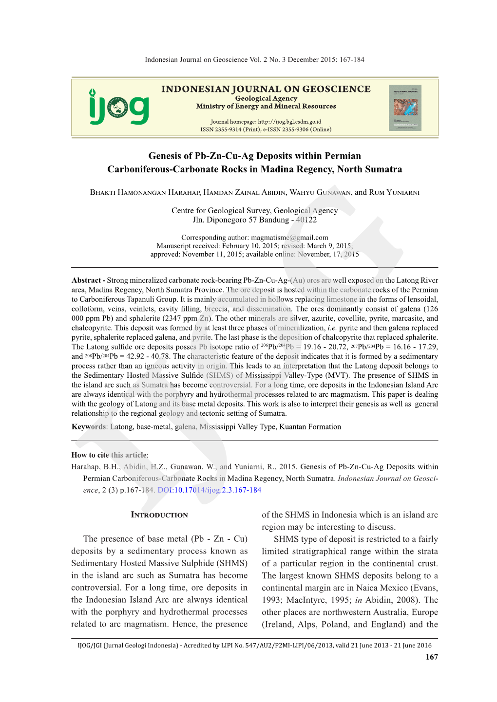 INDONESIAN JOURNAL on GEOSCIENCE Genesis of Pb-Zn