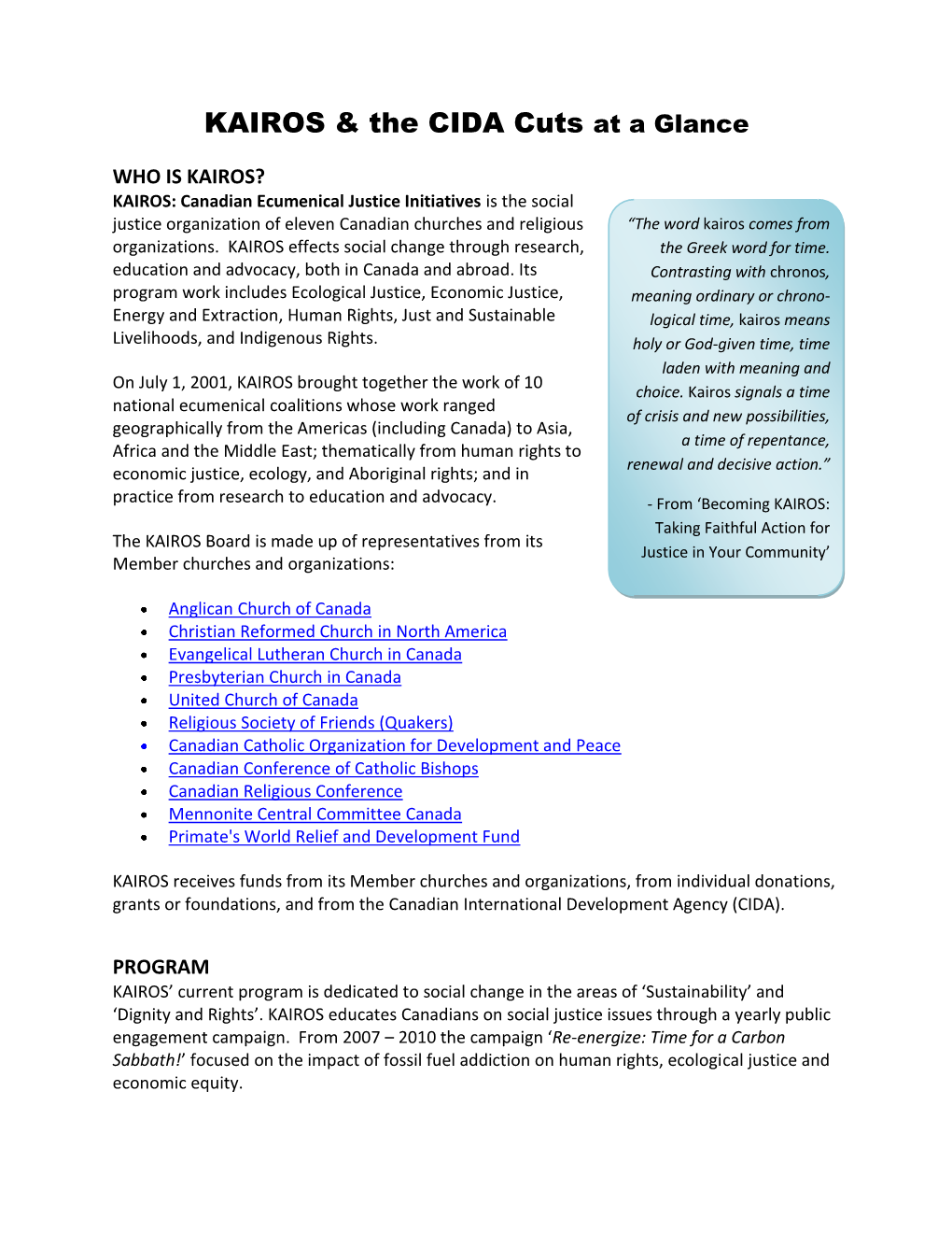 KAIROS & the CIDA Cuts at a Glance