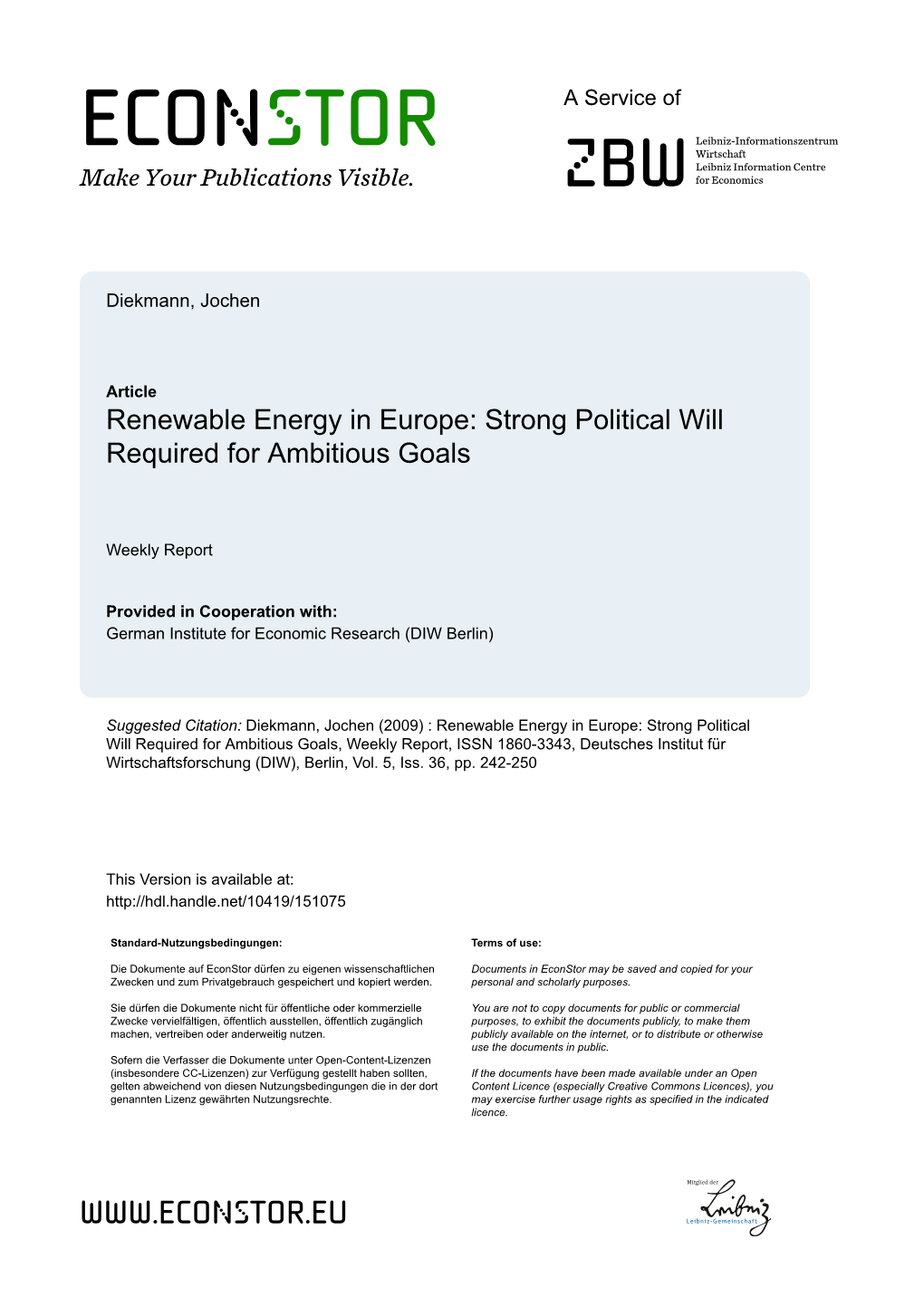 Renewable Energy in Europe: Strong Political Will Required for Ambitious Goals