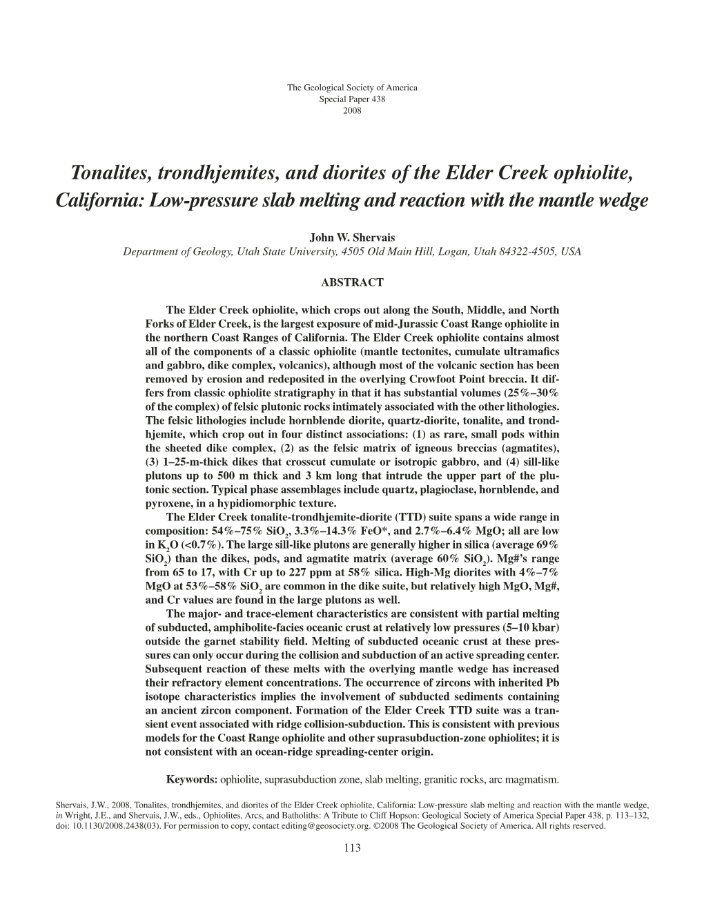 Tonalites, Trondhjemites, and Diorites of the Elder Creek Ophiolite, California: Low-Pressure Slab Melting and Reaction with the Mantle Wedge