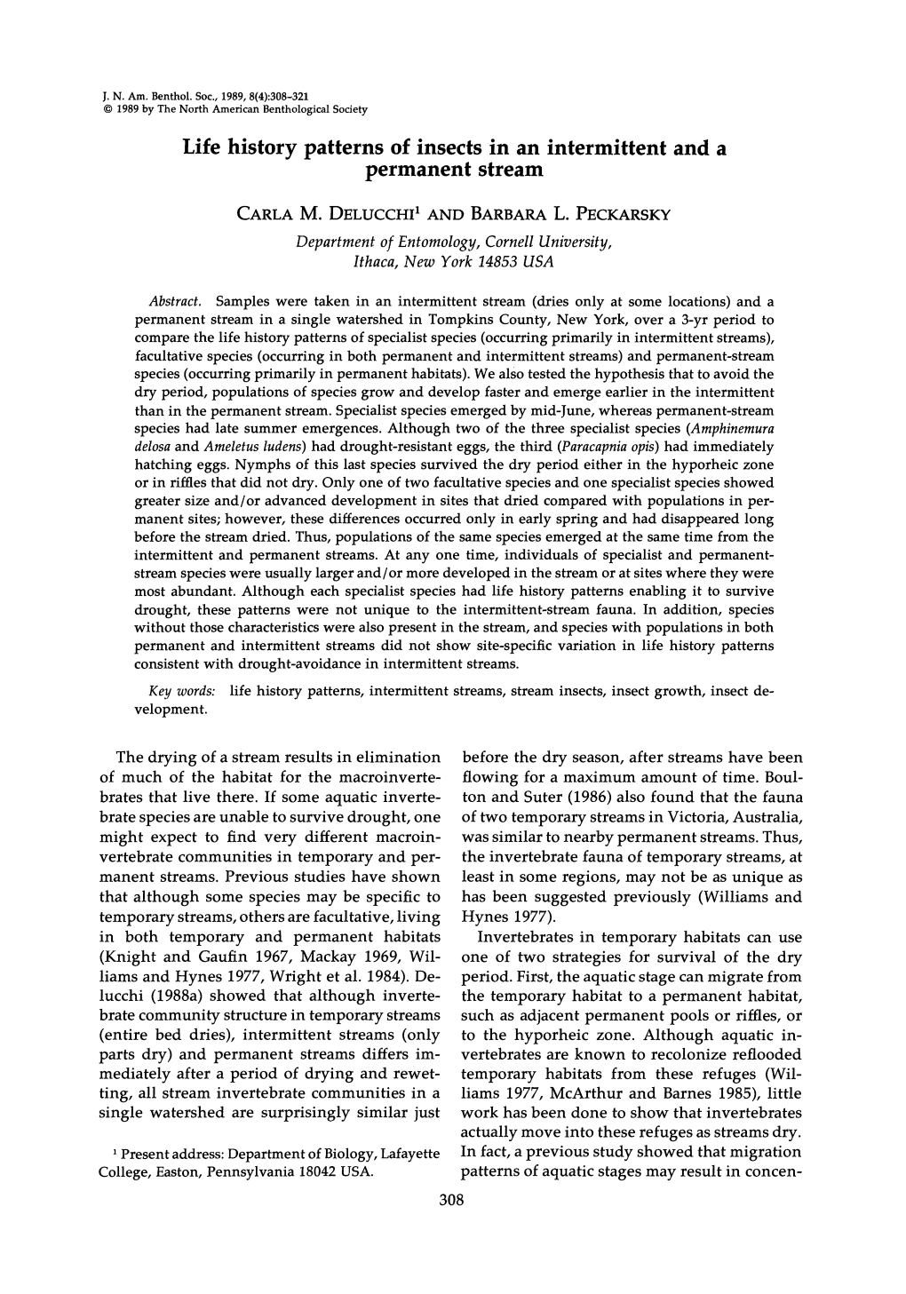 Life History Patterns of Insects in an Intermittent and a Permanent Stream