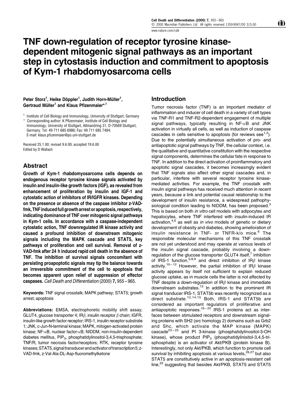 TNF Down-Regulation of Receptor Tyrosine Kinase