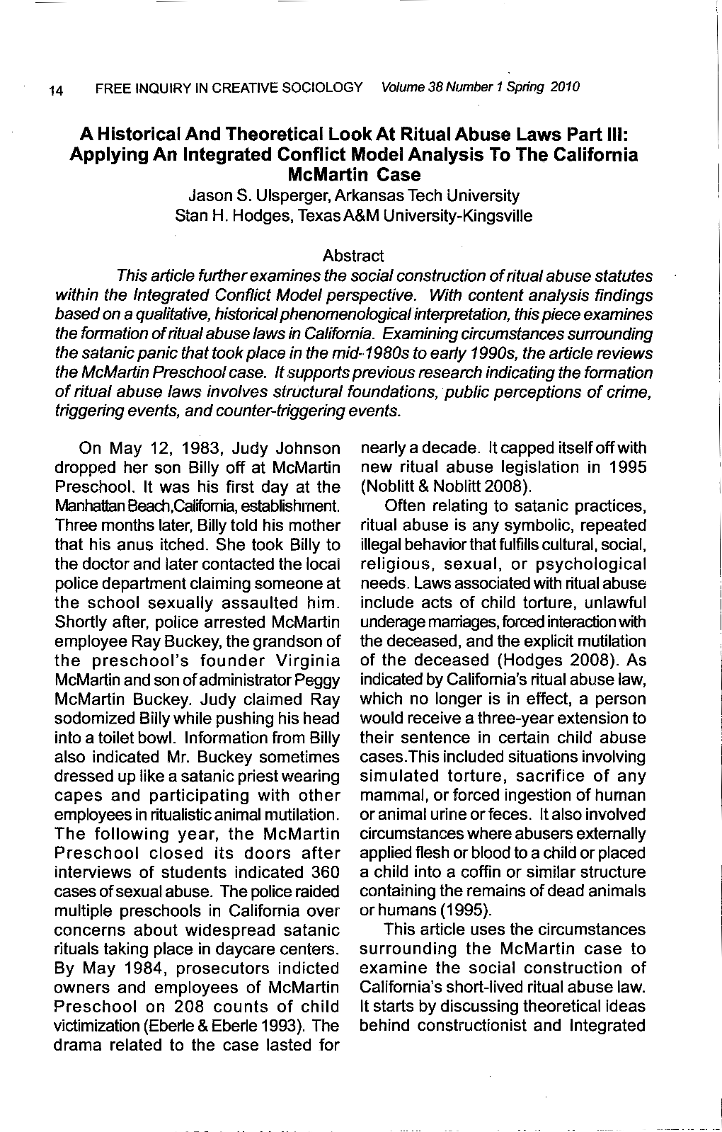 A Historical and Theoretical Look at Ritual Abuse Laws Part Ill: Applying an Integrated Conflict Model Analysis to the California Mcmartin Case Jason S