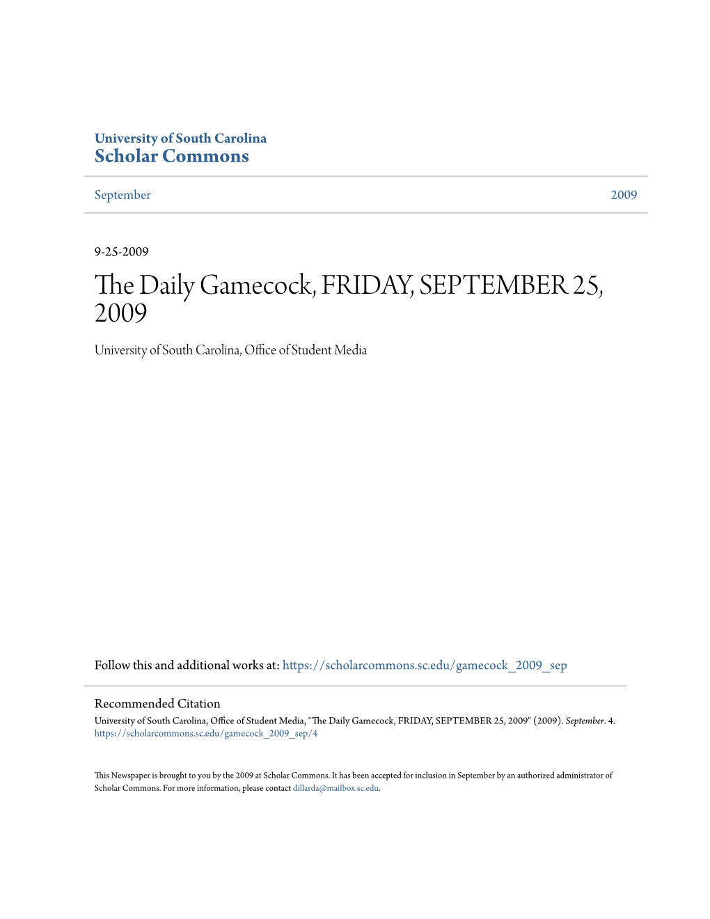 The Daily Gamecock, FRIDAY, SEPTEMBER 25, 2009